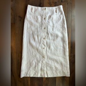 MNG Basics White Linen Midi Skirt Button Front Pockets Minimalist M